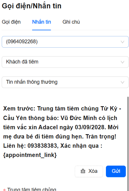 Giao diện thiết lập nội dung tin nhắn